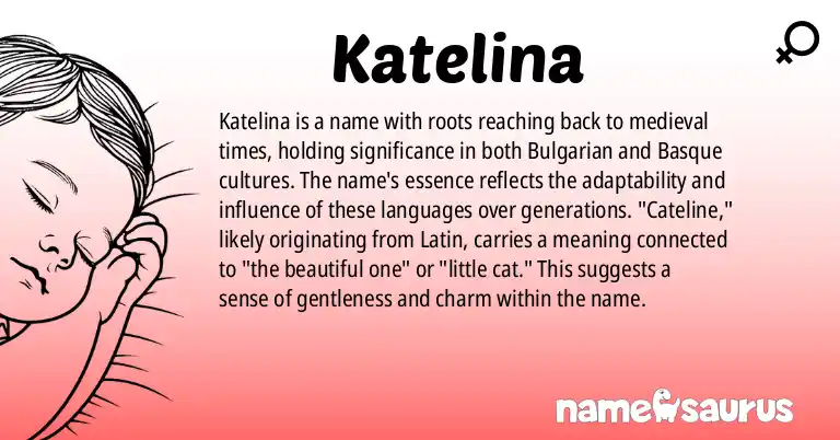 Infographic about Katelina name meaning, Katelina is a name from Bulgarian, Medieval Basque origin(s).