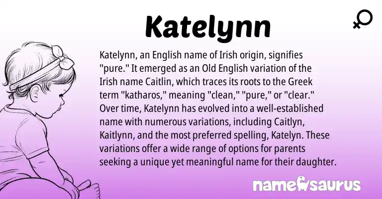 Infographic about Katelynn name meaning, Katelynn is a name from Irish, Old English, English, Greek origin(s).