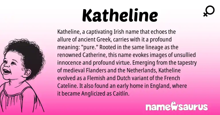Infographic about Katheline name meaning, Katheline is a name from Irish, Flemish, England, Netherlands, French, Greek, Dutch origin(s).