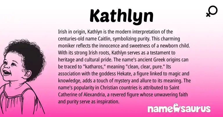 Infographic about Kathlyn name meaning, Kathlyn is a name from Irish, Greek origin(s).