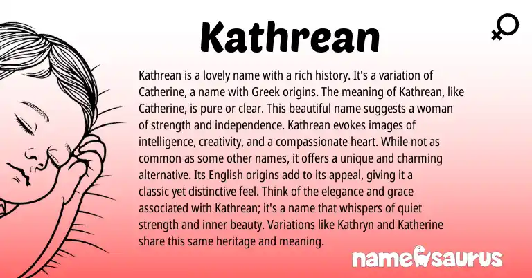 Infographic about Kathrean name meaning, Kathrean is a name from English, Greek origin(s).