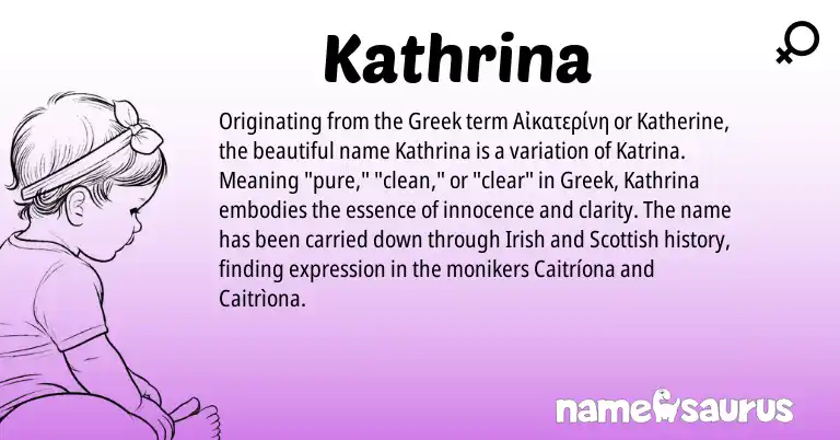 Infographic about Kathrina name meaning, Kathrina is a name from Irish, Scottish, Greek origin(s).