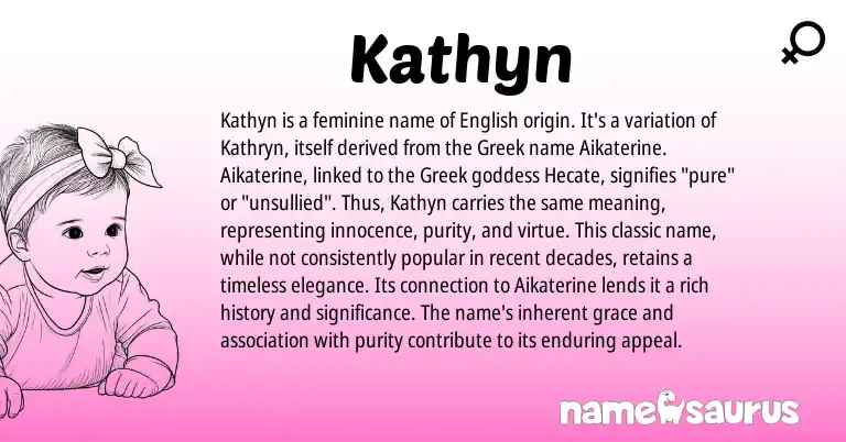 Infographic about Kathyn name meaning, Kathyn is a name from Greek, English origin(s).