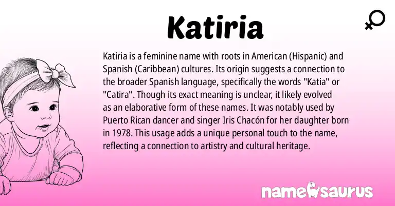 Infographic about Katiria name meaning, Katiria is a name from American (Hispanic), Spanish (Caribbean) origin(s).