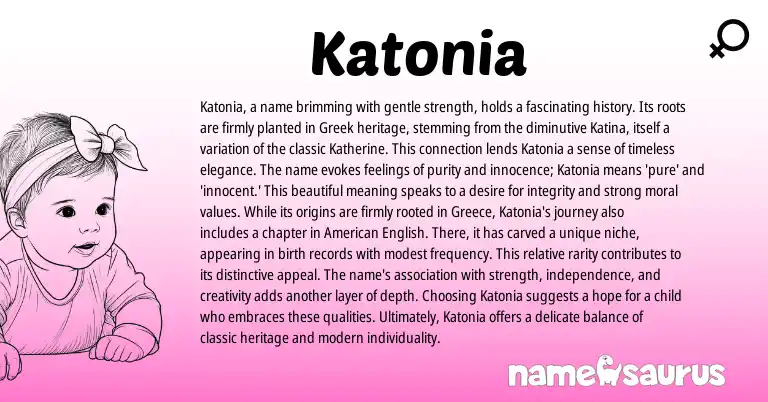 Infographic about Katonia name meaning, Katonia is a name from Greek origin(s).