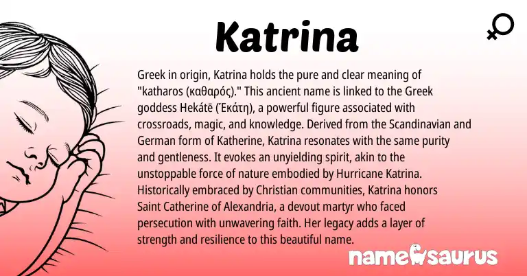 Infographic about Katrina name meaning, Katrina is a name from Scandinavian, German, Greek origin(s).