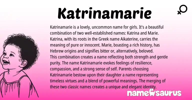 Infographic about Katrinamarie name meaning, Katrinamarie is a name from Greek, Hebrew, American origin(s).