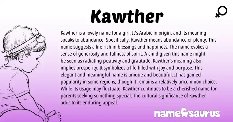 Infographic about Kawther name meaning, Kawther is a name from Arabic origin(s).