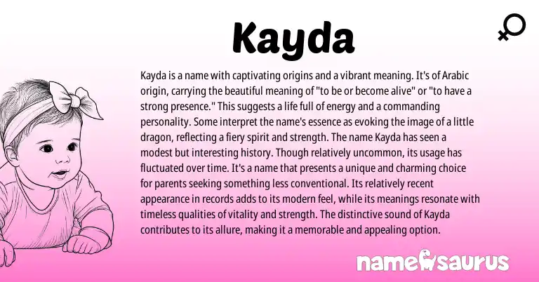 Infographic about Kayda name meaning, Kayda is a name from Japanese, Arabic origin(s).