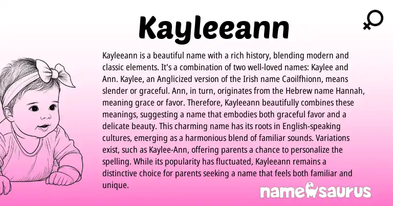 Infographic about Kayleeann name meaning, Kayleeann is a name from Hebrew, Irish origin(s).
