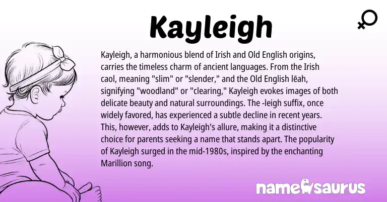 Infographic about Kayleigh name meaning, Kayleigh is a name from Irish, Old English origin(s).