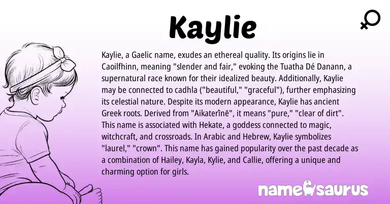 Infographic about Kaylie name meaning, Kaylie is a name from Gaelic, Arabic, Hebrew, Greek origin(s).