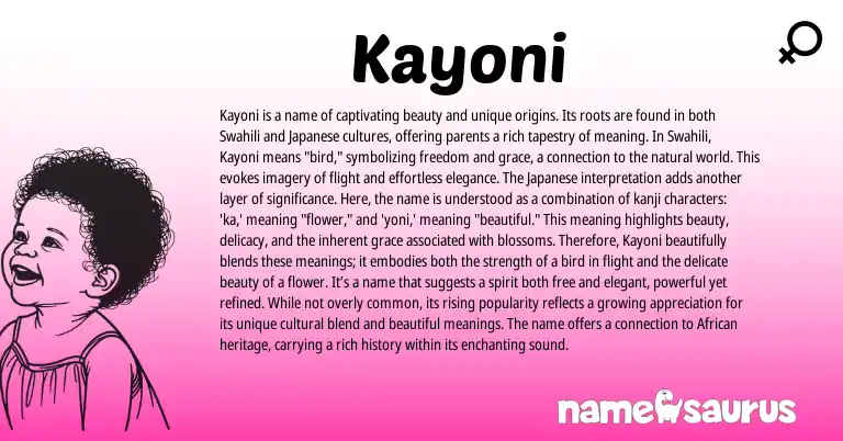 Infographic about Kayoni name meaning, Kayoni is a name from Japanese, Swahili origin(s).