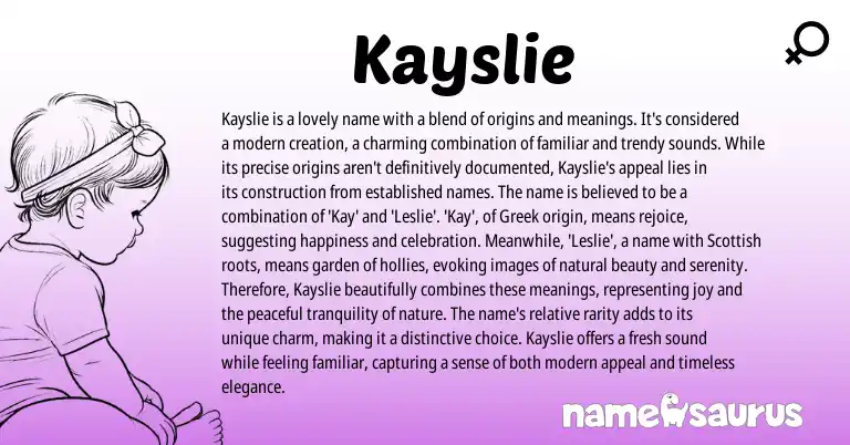 Infographic about Kayslie name meaning, Kayslie is a name from Scottish, Greek origin(s).