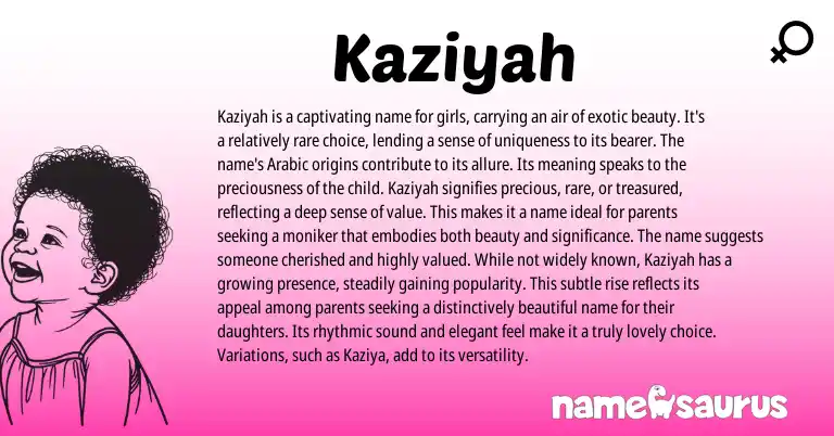Infographic about Kaziyah name meaning, Kaziyah is a name from Arabic origin(s).
