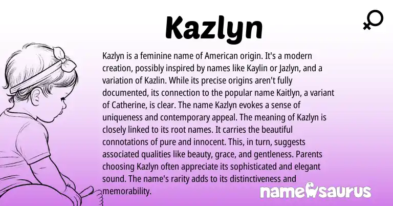 Infographic about Kazlyn name meaning, Kazlyn is a name from American origin(s).