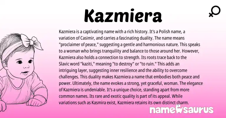 Infographic about Kazmiera name meaning, Kazmiera is a name from Polish origin(s).