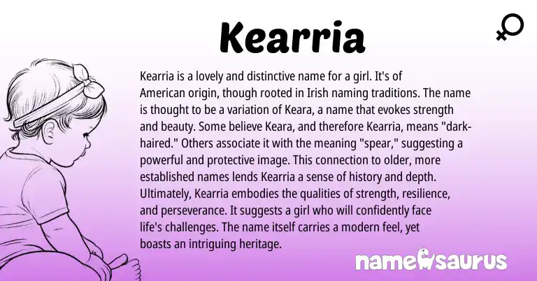 Infographic about Kearria name meaning, Kearria is a name from American origin(s).
