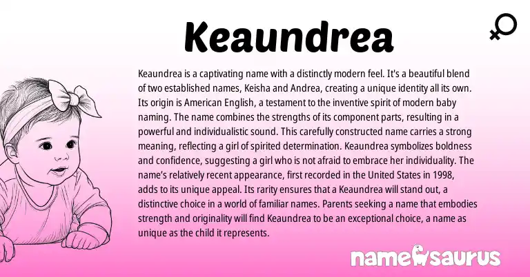 Infographic about Keaundrea name meaning, Keaundrea is a name from American origin(s).