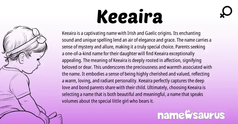 Infographic about Keeaira name meaning, Keeaira is a name from Irish origin(s).