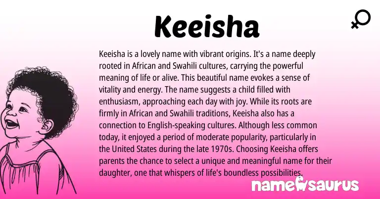 Infographic about Keeisha name meaning, Keeisha is a name from African, Swahili origin(s).