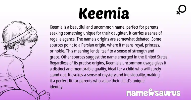 Infographic about Keemia name meaning, Keemia is a name from Persian origin(s).