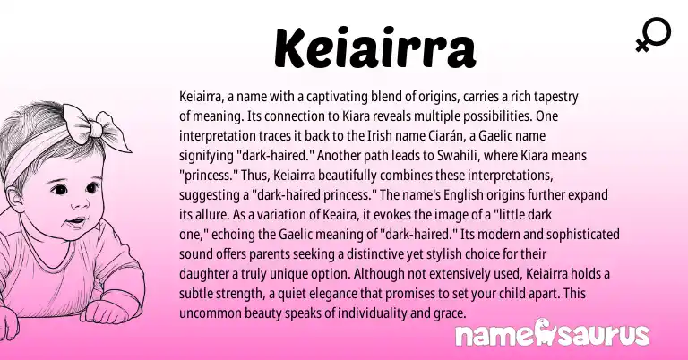 Infographic about Keiairra name meaning, Keiairra is a name from Swahili, Italian, Irish origin(s).