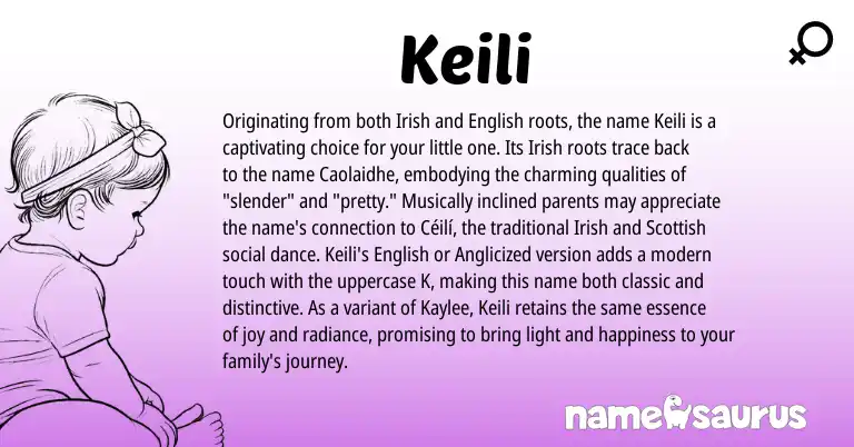 Infographic about Keili name meaning, Keili is a name from Irish, English, Scottish origin(s).