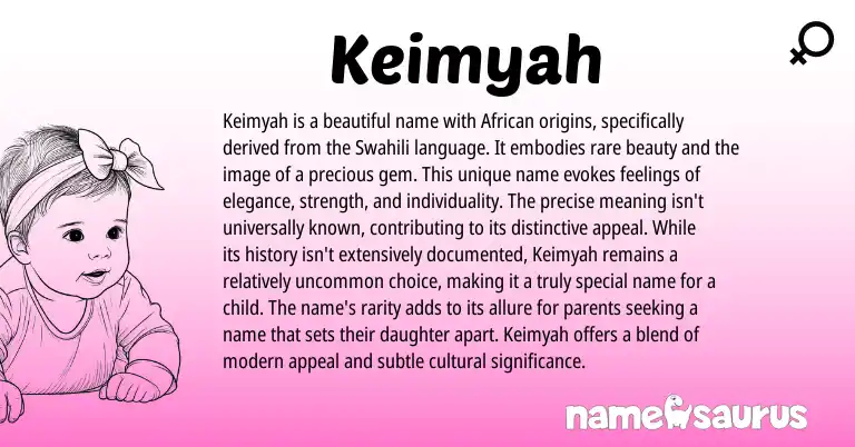 Infographic about Keimyah name meaning, Keimyah is a name from African, Swahili, American origin(s).