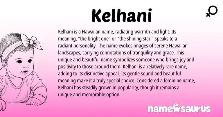 Infographic about Kelhani name meaning, Kelhani is a name from Hawaiian origin(s).