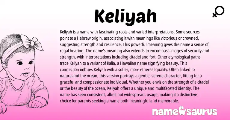 Infographic about Keliyah name meaning, Keliyah is a name from Hebrew, Hawaiian, American origin(s).