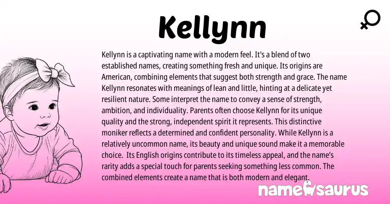 Infographic about Kellynn name meaning, Kellynn is a name from Gaelic, American, Irish origin(s).