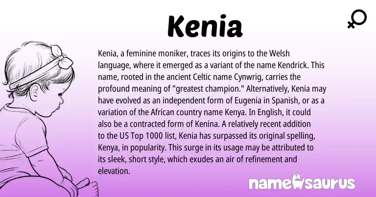 Infographic about Kenia name meaning, Kenia is a name from Spanish, English, Welsh, Kenya, Celtic, African origin(s).
