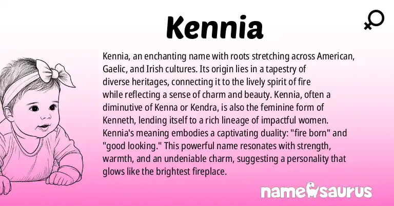 Infographic about Kennia name meaning, Kennia is a name from American, Gaelic, Irish origin(s).