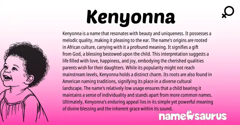 Infographic about Kenyonna name meaning, Kenyonna is a name from African, American origin(s).