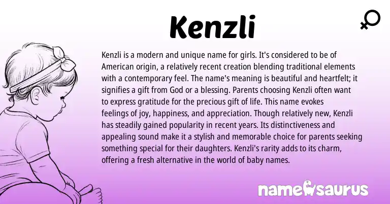 Infographic about Kenzli name meaning, Kenzli is a name from American origin(s).