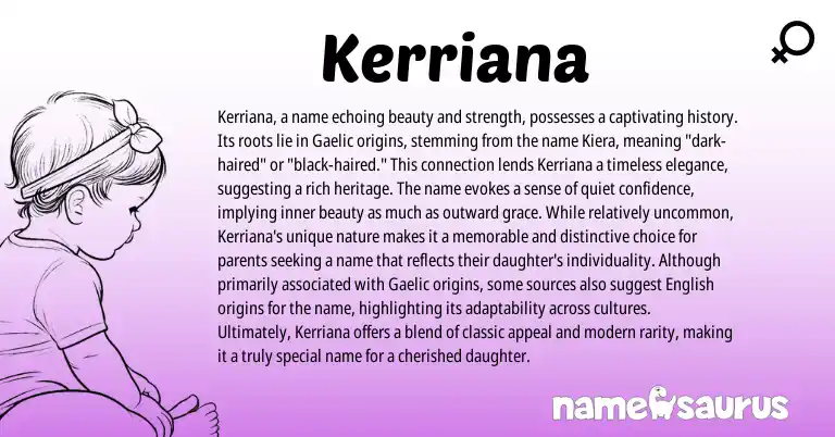 Infographic about Kerriana name meaning, Kerriana is a name from Gaelic, American origin(s).