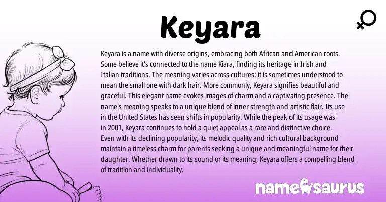 Infographic about Keyara name meaning, Keyara is a name from Celtic, American, African origin(s).