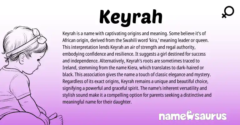 Infographic about Keyrah name meaning, Keyrah is a name from African, Swahili origin(s).