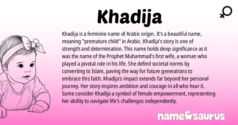 Infographic about Khadija name meaning, Khadija is a name from Arabic origin(s).