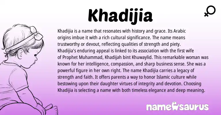 Infographic about Khadijia name meaning, Khadijia is a name from Arabic origin(s).