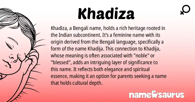 Infographic about Khadiza name meaning, Khadiza is a name from Bengali origin(s).