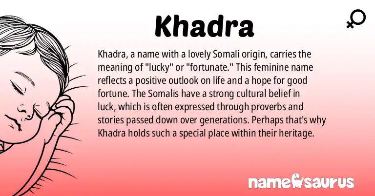Infographic about Khadra name meaning, Khadra is a name from Somali origin(s).