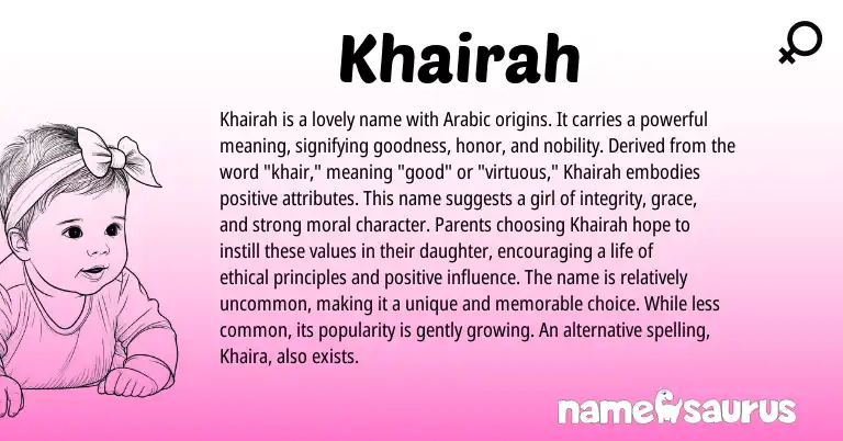 Infographic about Khairah name meaning, Khairah is a name from Arabic origin(s).