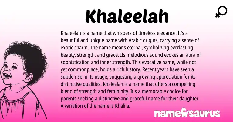 Infographic about Khaleelah name meaning, Khaleelah is a name from Arabic origin(s).