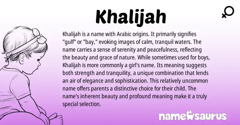 Infographic about Khalijah name meaning, Khalijah is a name from Arabic origin(s).