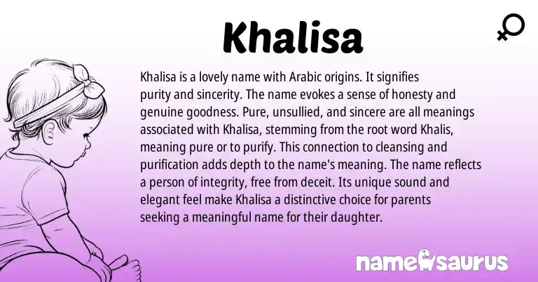 Infographic about Khalisa name meaning, Khalisa is a name from Arabic origin(s).