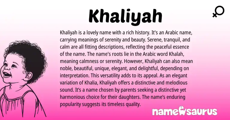 Infographic about Khaliyah name meaning, Khaliyah is a name from Arabic origin(s).