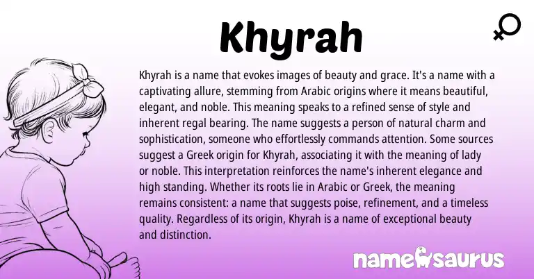 Infographic about Khyrah name meaning, Khyrah is a name from Arabic origin(s).