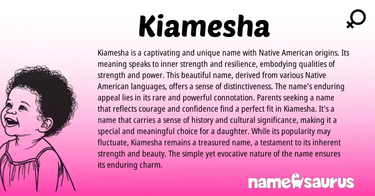 Infographic about Kiamesha name meaning, Kiamesha is a name from American origin(s).